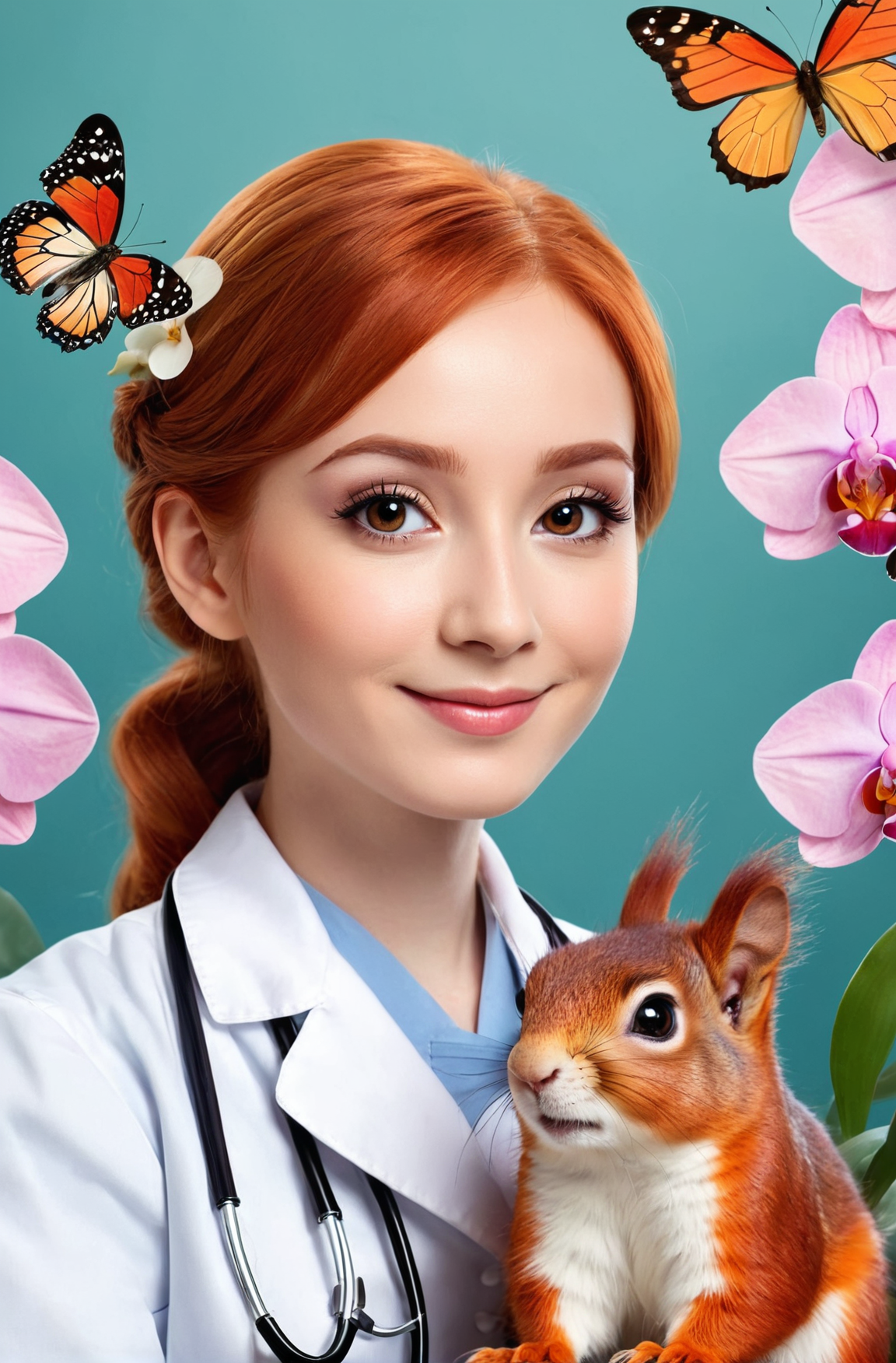 Character portrait of cute smiling red hair woman wearing doctor uniform, big dark melancholic eyes, an squirrel sitting n...